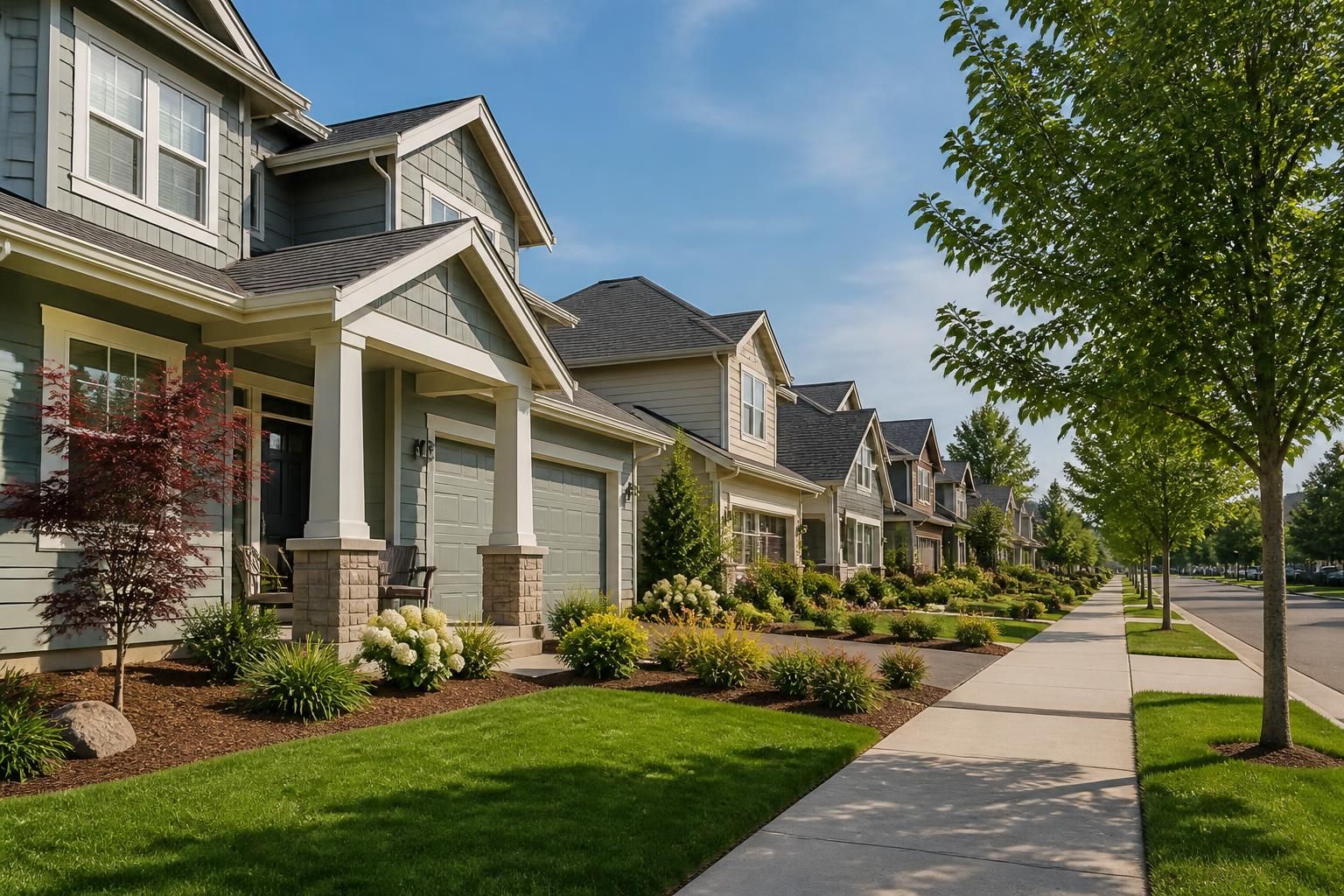 Bright Hillsboro neighborhood with modern homes and tidy landscaping.