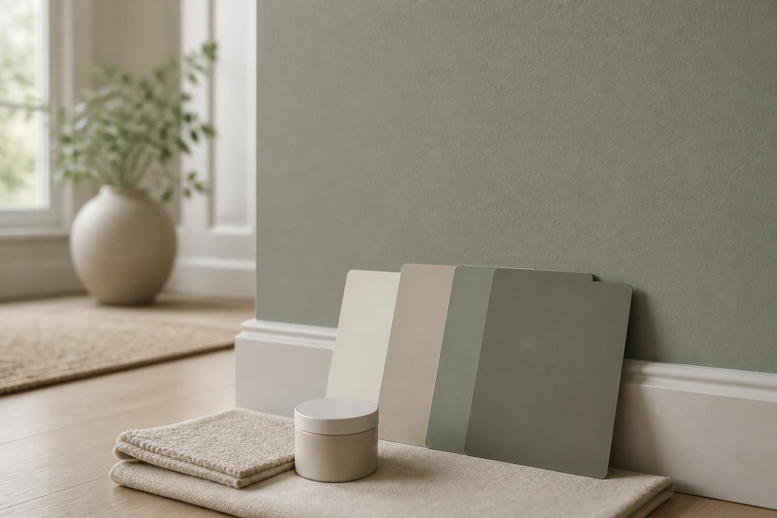Paint swatches beside a finished wall in a clean home interior.