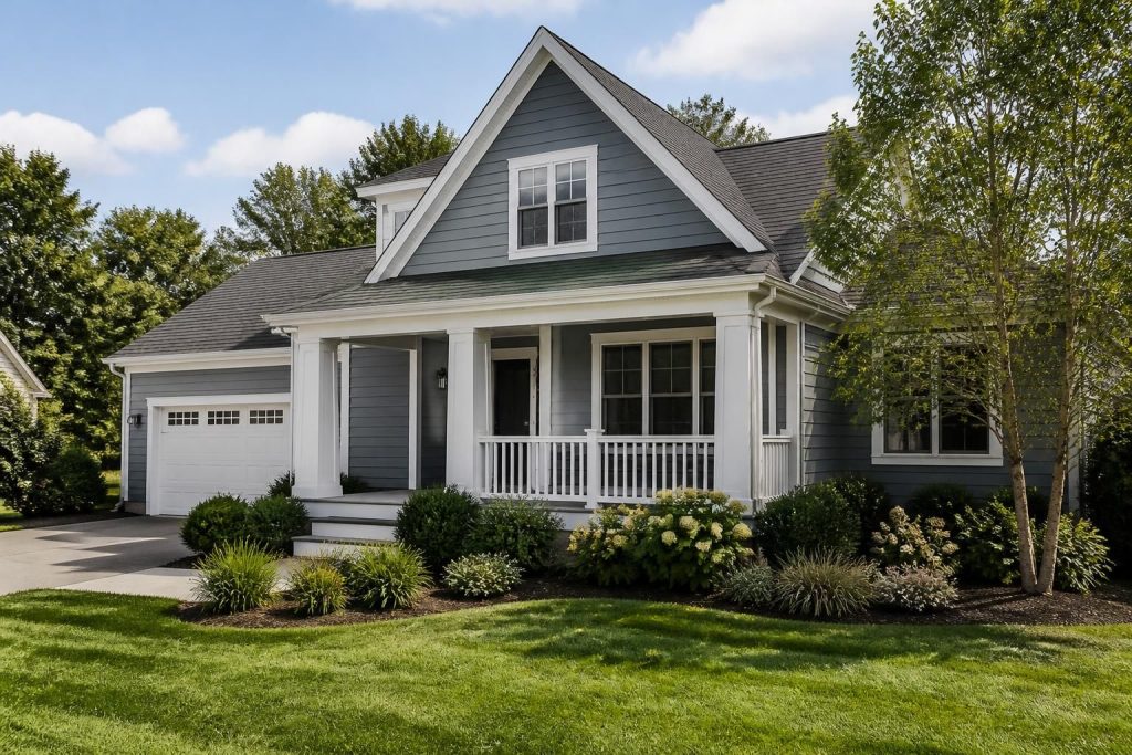 Freshly painted home exterior with a tidy front yard in natural light.