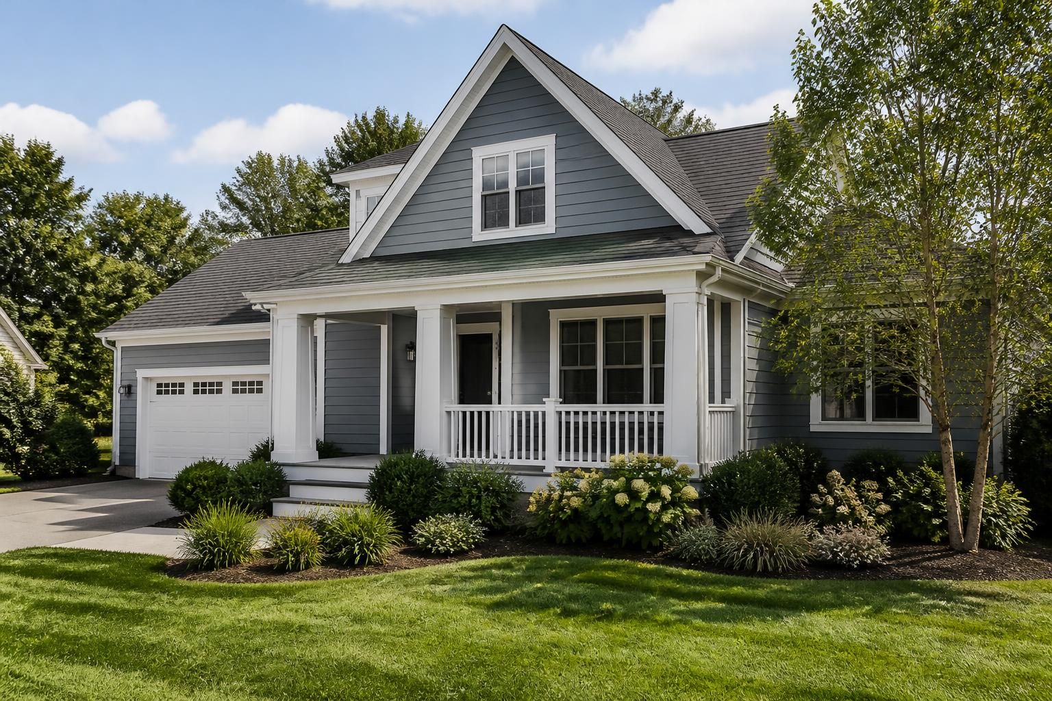 Freshly painted home exterior with a tidy front yard in natural light.