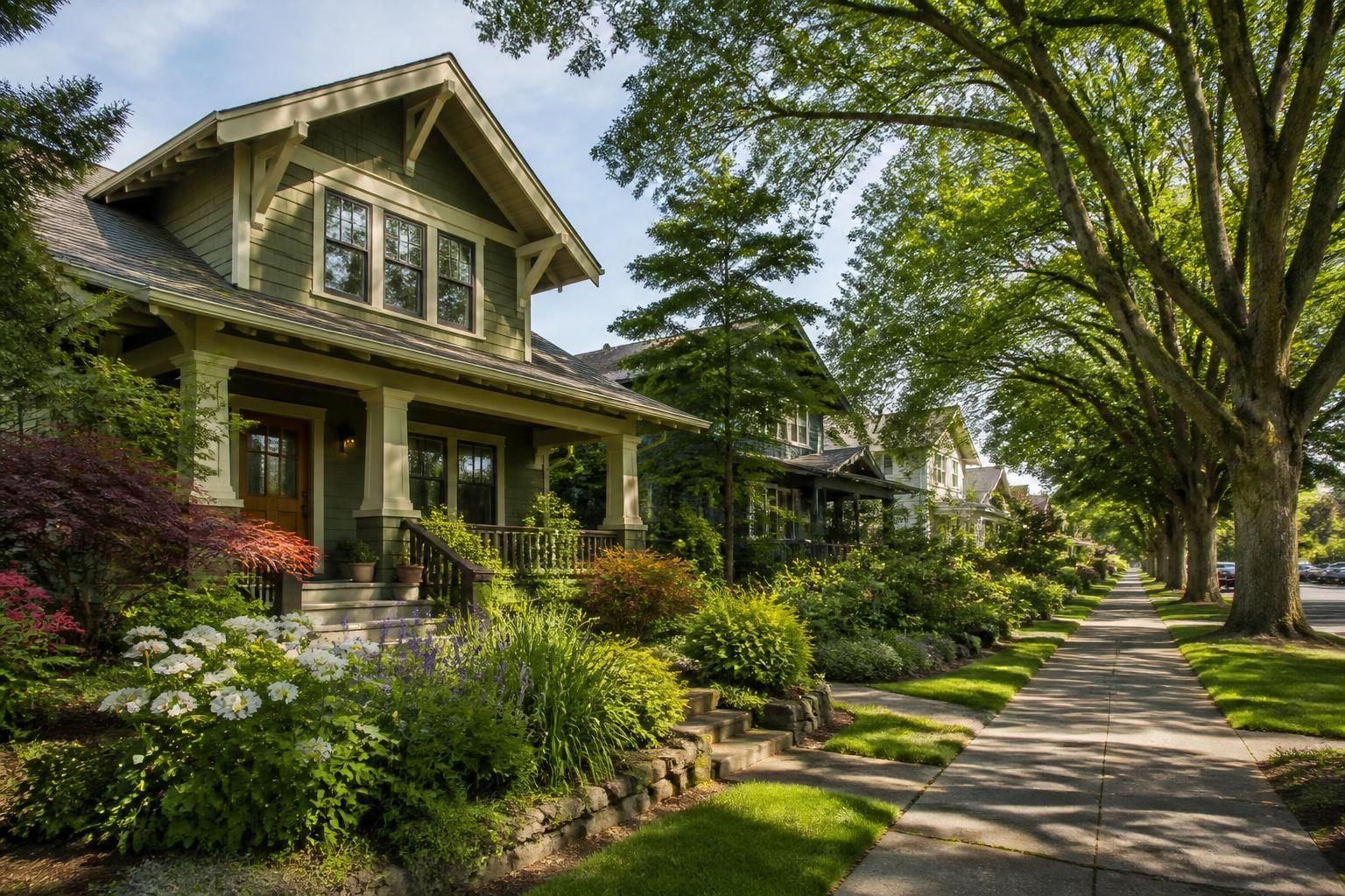 Welcoming Portland neighborhood with well-kept homes and mature trees.