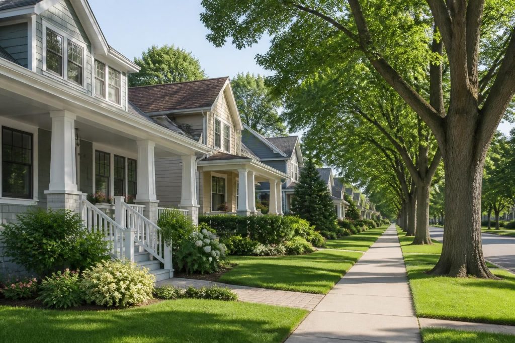 Well-kept residential street with freshly maintained home exteriors.
