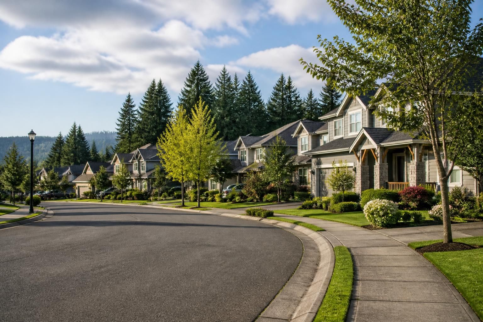 Peaceful Tigard neighborhood with attractive homes and neat lawns.